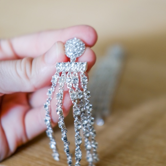 Drop Silver Chandelier Earrings with Rhinestones - Picture 2 of 3